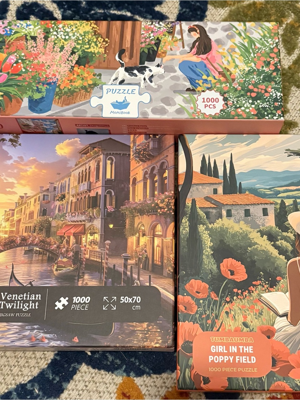 1000-Piece "Girl in the Poppy Field" Puzzle - Peach/Green - Set of 3 puzzles